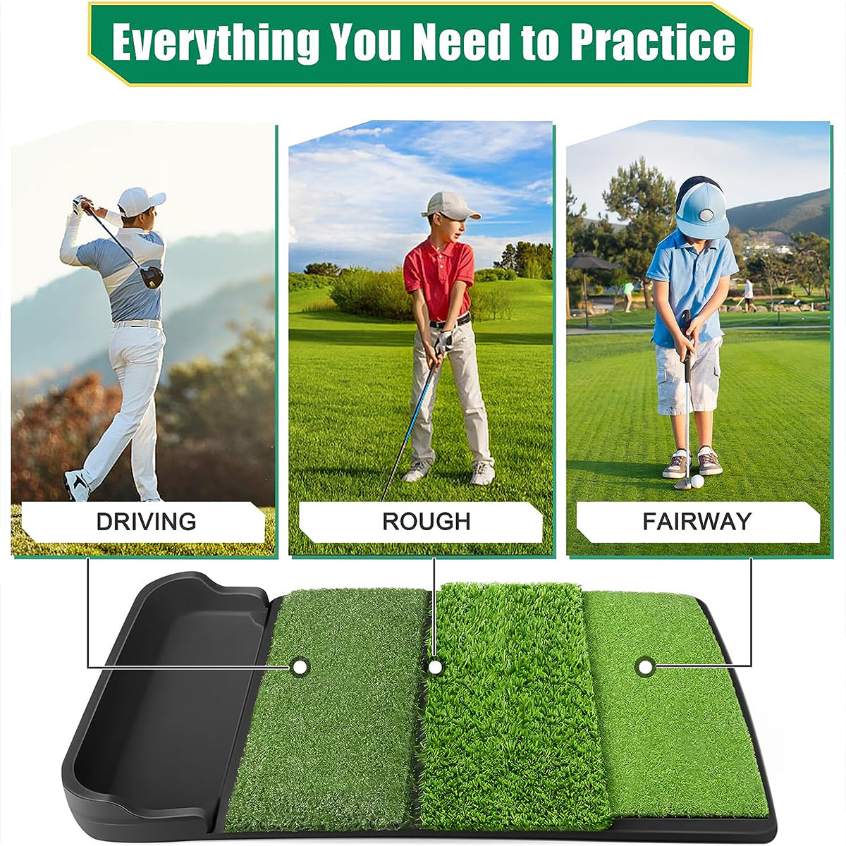 Golfguru Golf Mat, Foldable 4-in-1 Golf Hitting Mats Practice with Ball Tray