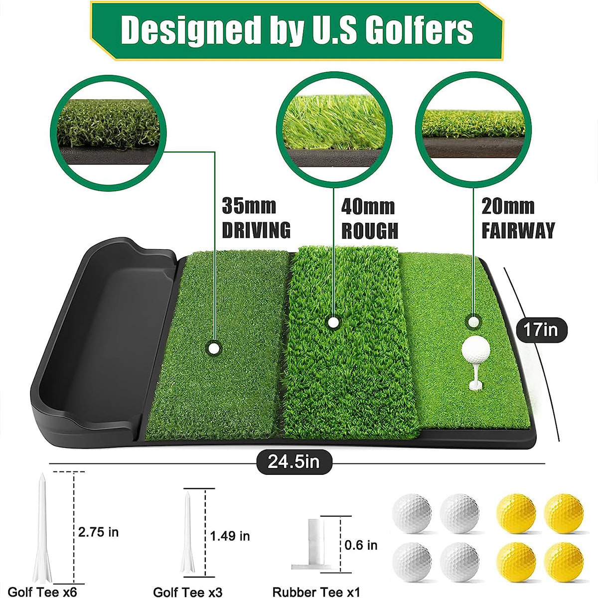 Golfguru Golf Mat, Foldable 4-in-1 Golf Hitting Mats Practice with Ball Tray