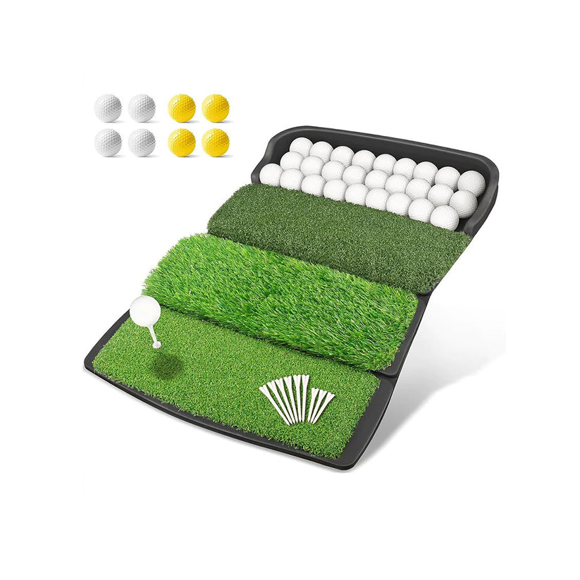 Golfguru Golf Mat, Foldable 4-in-1 Golf Hitting Mats Practice with Ball Tray