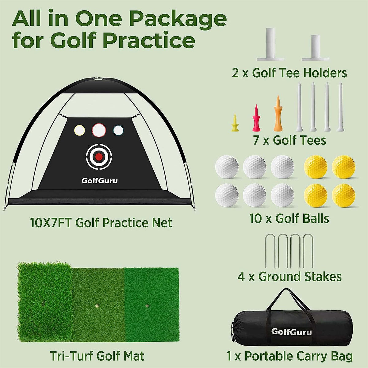 Golfguru Golf Net 10x7ft All in 1 Golf Practice Net with XL Tri-Turf Golf Mat