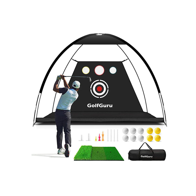 Golfguru Golf Net 10x7ft All in 1 Golf Practice Net with XL Tri-Turf Golf Mat