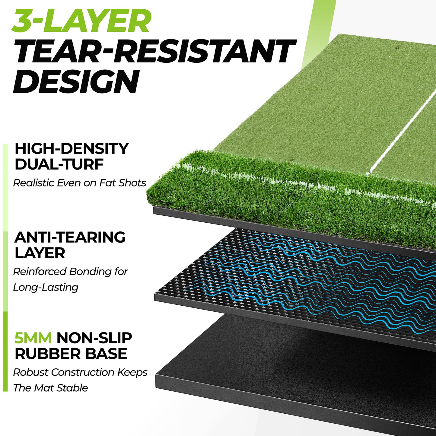 Golfguru Golf Mat 5x4ft-16mm Thickened Dual Turf Golf Hitting Mat with Alignment Aid